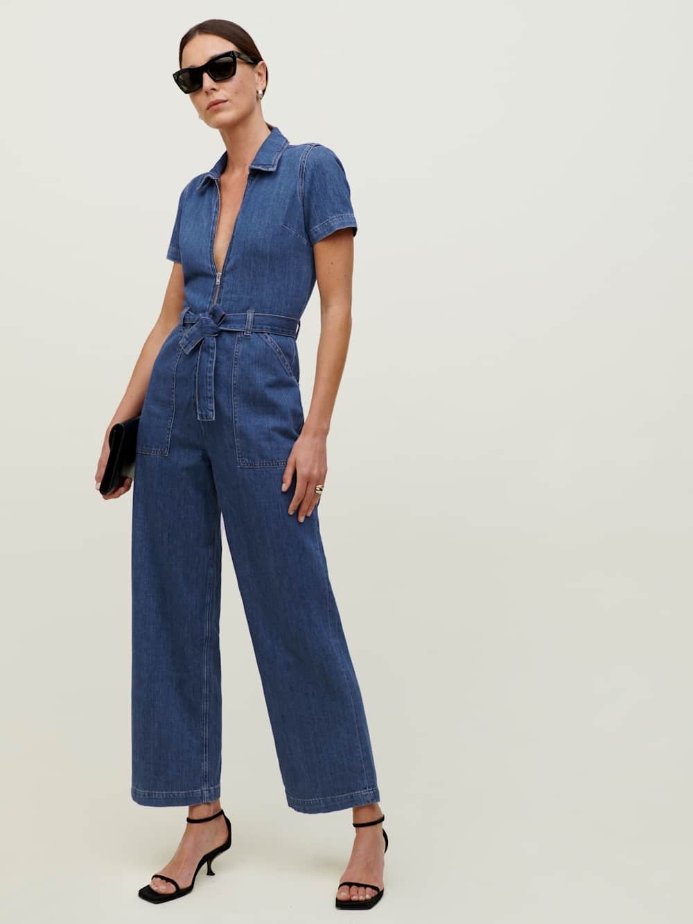 Reformation Denim Cassidy Denim Zip-Front Jumpsuit with Tie Belt